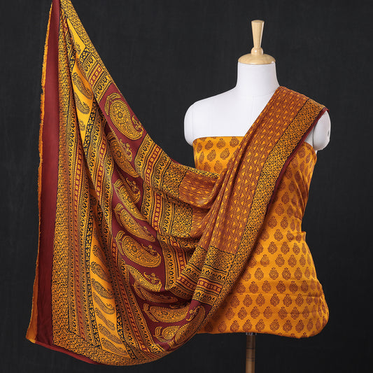 Yellow - 3pc Bagh Block Printed Modal Silk Suit Material Set
