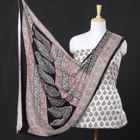 White - 3pc Bagh Block Printed Modal Silk Suit Material Set