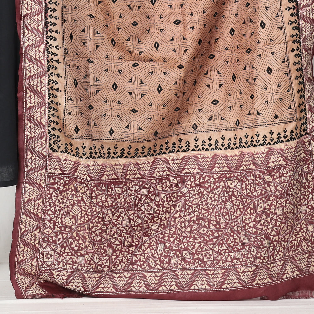 Brown - Bengal Kantha Tussar Silk Handloom Dupatta