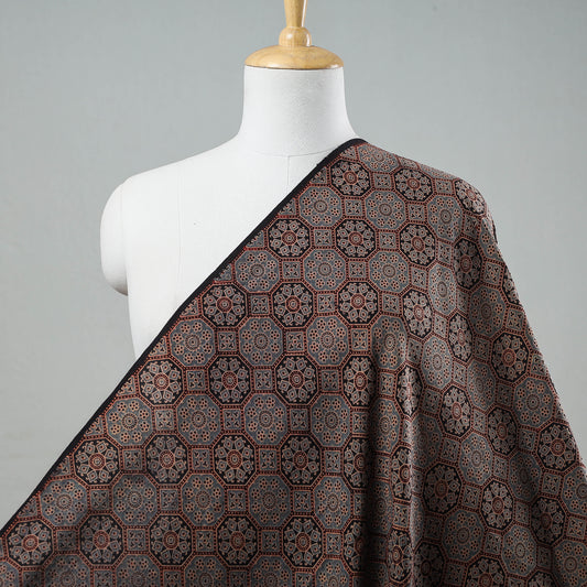Brown Floral Patterned Ajrakh Block Printing Cotton Fabric