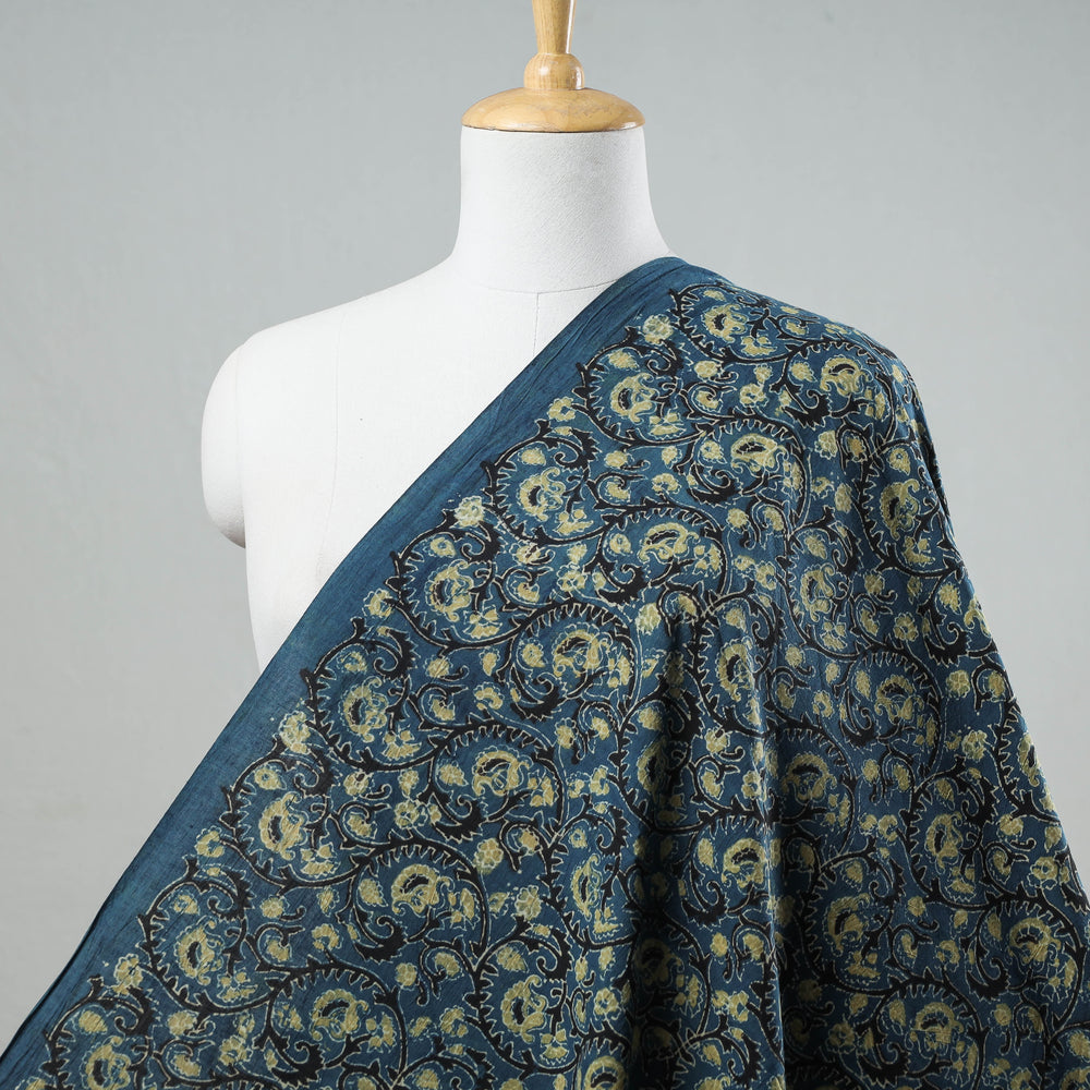 Blue - Yellow Flower Forest Ajrakh Block Printed Cotton Fabric