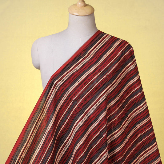 Dashed Pattern Stripes Ajrakh Hand Block Printed Cotton Fabric