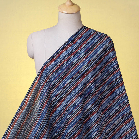Blue & Red Stripes Ajrakh Hand Block Printed Cotton Fabric