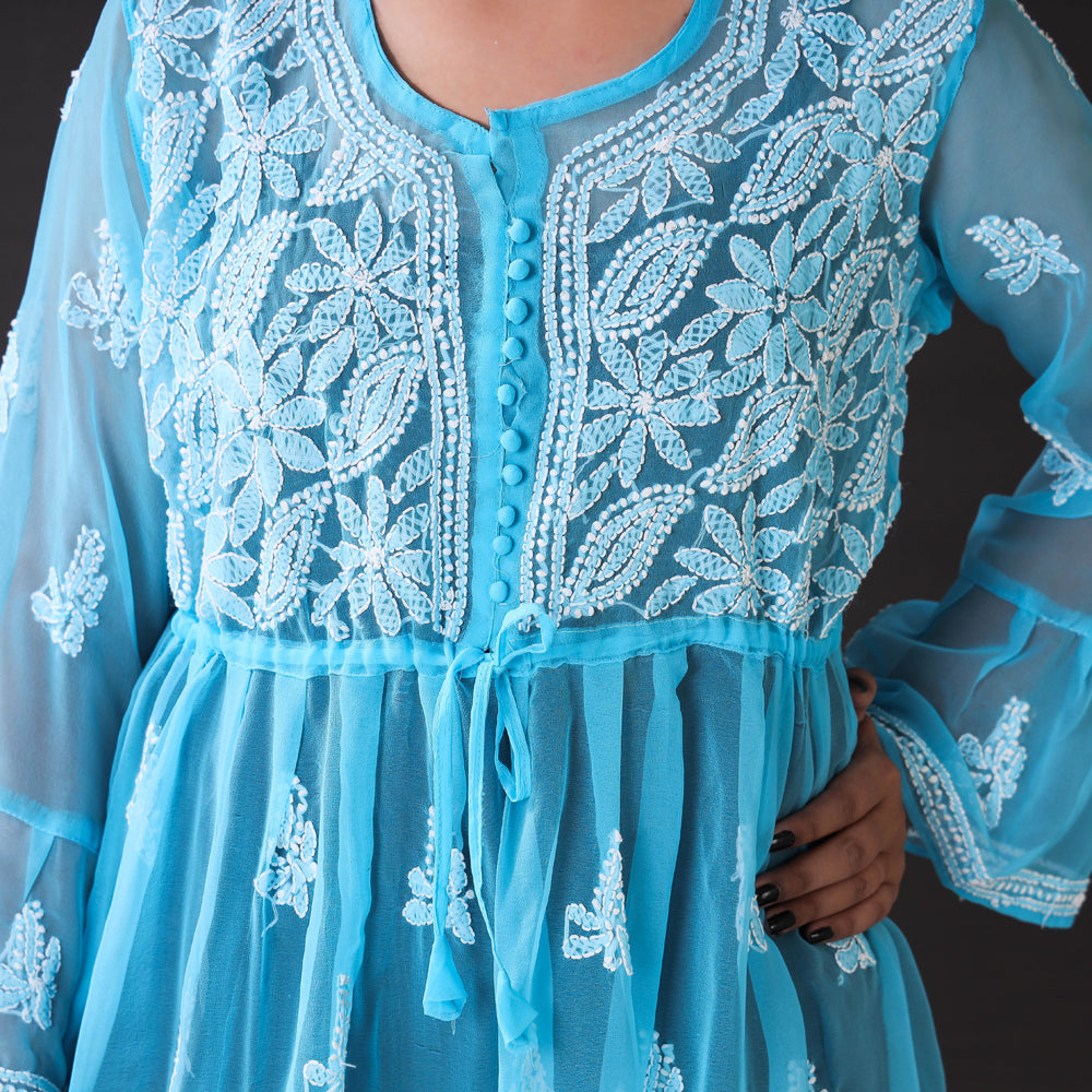 Buy Blue Muslin Embroidery Bloom Round Shaded Chikankari Kurta For