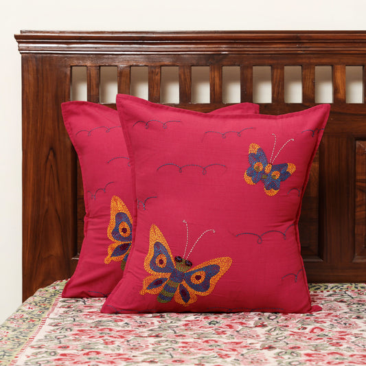 Pink - Set of 2 - Chandi Mati Tagai Work Cotton Cushion Cover (16x16 inches)