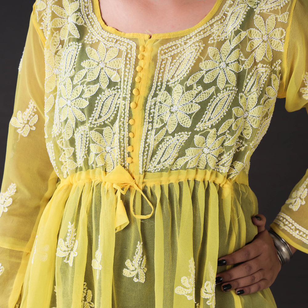 Yellow - Chikankari Hand Embroidered Georgette Short Flared Kurta / Top