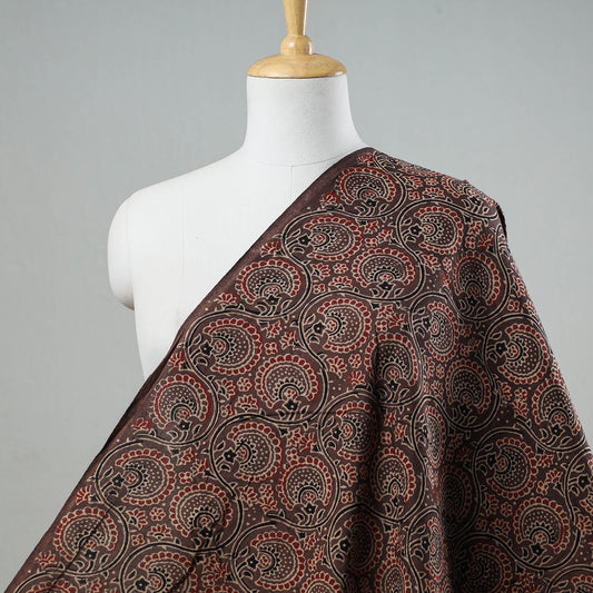 Brown Floral Jaal Ajrakh Hand Block Printed Cotton Fabric