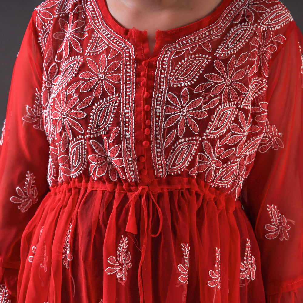 Red Long Kurta with Embroidery and Hand Painted Folk Design