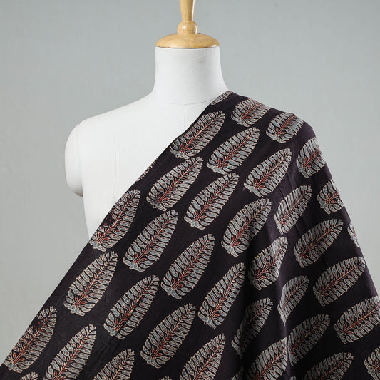 Black - Large Leaf Buttas Ajrakh Hand Block Printed Cotton Fabric