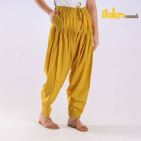 Dark Yellow Cotton Elasticated Salwar for Women