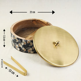  Special Handcrafted Brass Lid Wooden Roti Box with Tong 