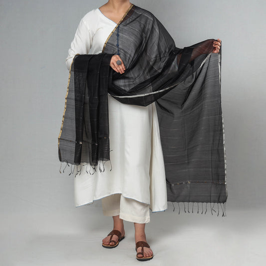 Black - Traditional Chanderi Silk Handloom Zari Stripe Dupatta
