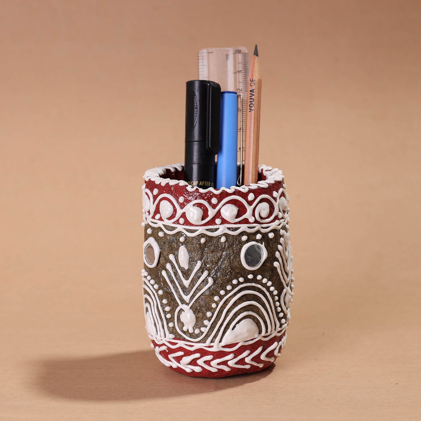 Mandana Art Handpainted Paper Mache Pen Stand (3 x 3 in)