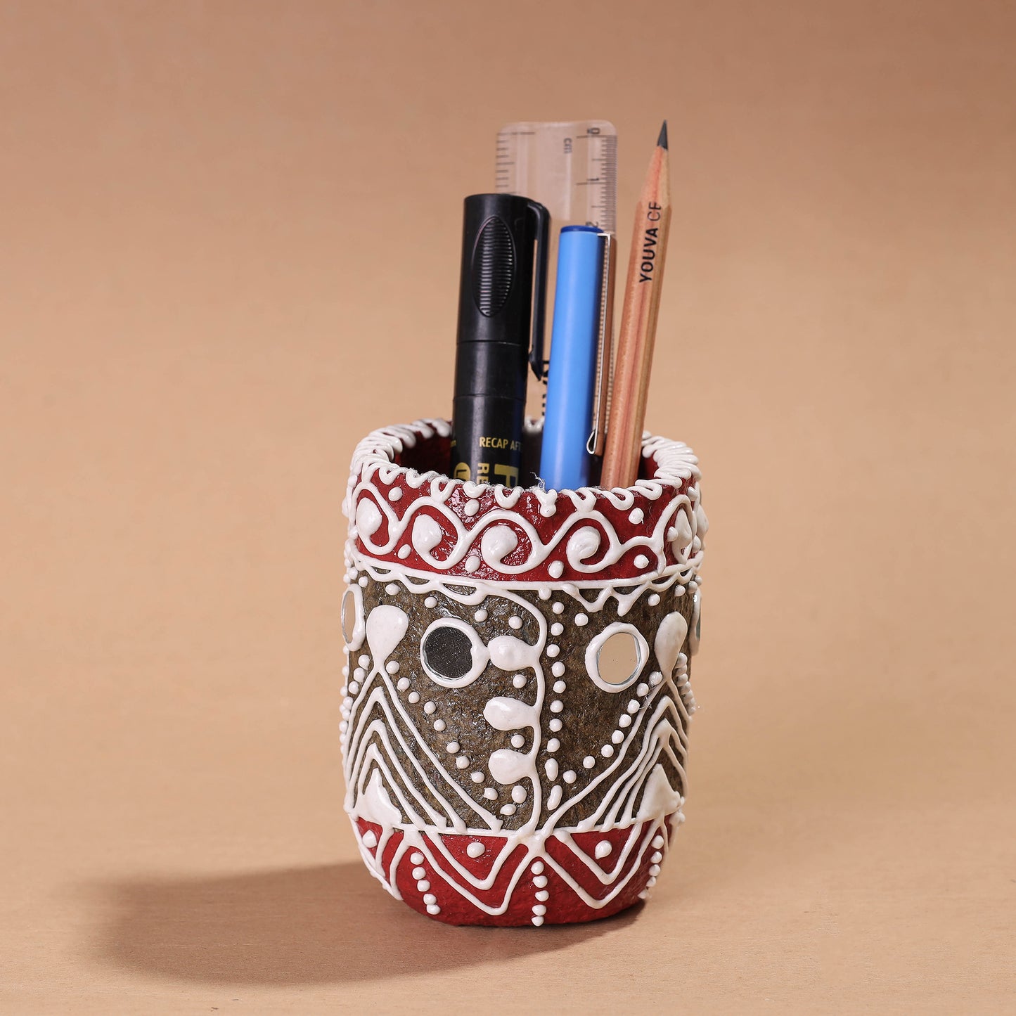 Mandana Art Handpainted Paper Mache Pen Stand (3 x 3 in)