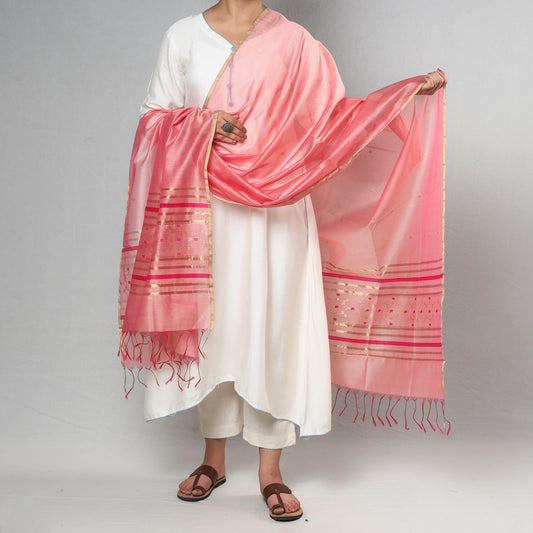 Pink - Traditional Chanderi Silk Handloom Jangala Palla Zari Buti Dupatta