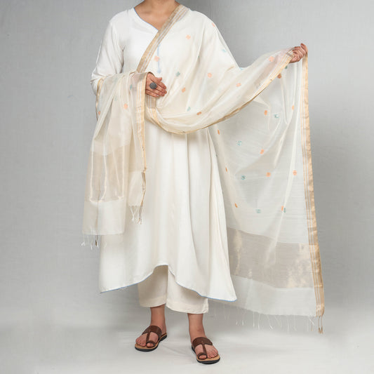 White - Traditional Chanderi Silk Handloom Multi Zari Buti Dupatta