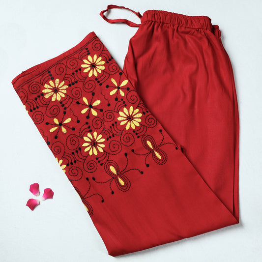 Red - Bengal Kantha Embroidered Pure Cotton Palazzo