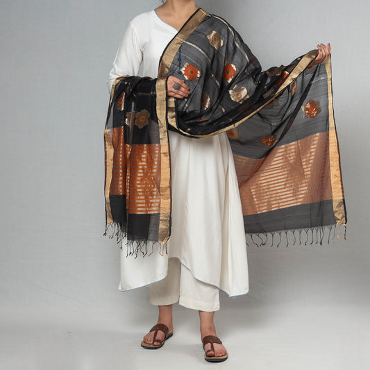 Black - Traditional Chanderi Silk Handloom Big Flower Zari Buta Dupatta