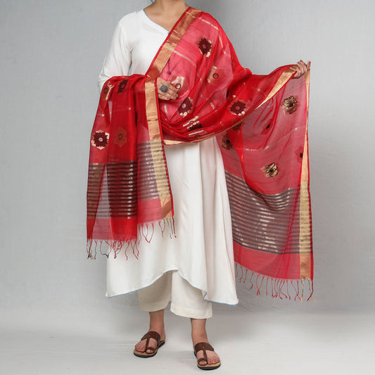 Red - Traditional Chanderi Silk Handloom Big Flower Zari Buta Dupatta