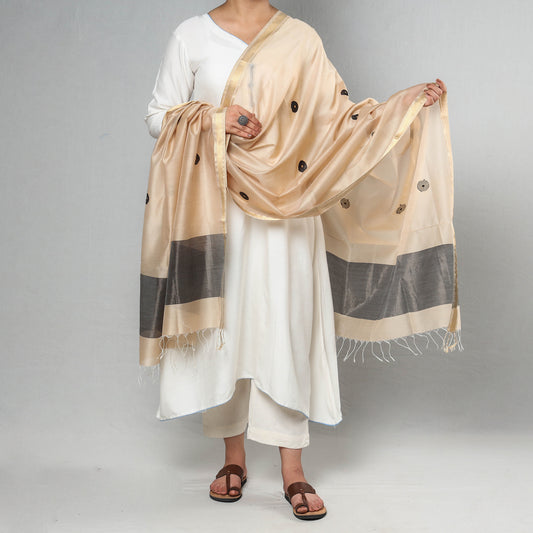 Beige - Traditional Maheshwari Silk Cotton Handloom Circle Buti Dupatta