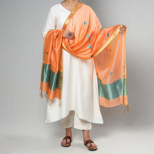 Orange - Traditional Maheshwari Silk Cotton Handloom Circle Buti Dupatta