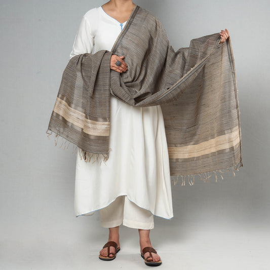 Grey - Traditional Maheshwari Silk Cotton Handloom Checks Dupatta