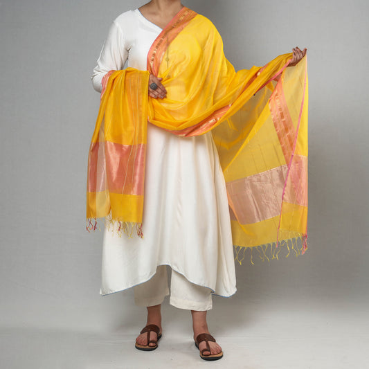 Yellow - Traditional Maheshwari Silk Cotton Handloom Zari Stripe Dupatta