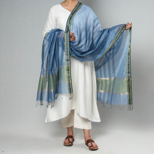 Blue - Traditional Maheshwari Silk Cotton Handloom Zari Stripe Dupatta