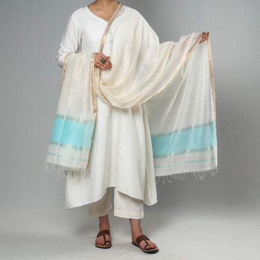 White - Traditional Maheshwari Silk Cotton Handloom Zari Border Dupatta