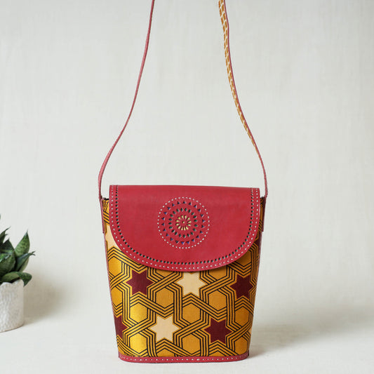 Yellow - Handcrafted Kutch Leather Mashru Silk Flap Sling Bag
