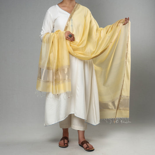 Yellow - Traditional Maheshwari Silk Cotton Handloom Zari Border Dupatta