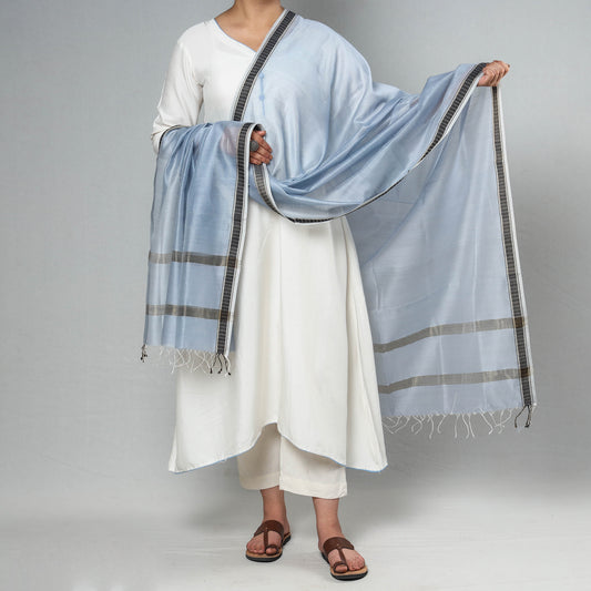 Blue - Traditional Maheshwari Silk Cotton Handloom Zari Stripe Dupatta