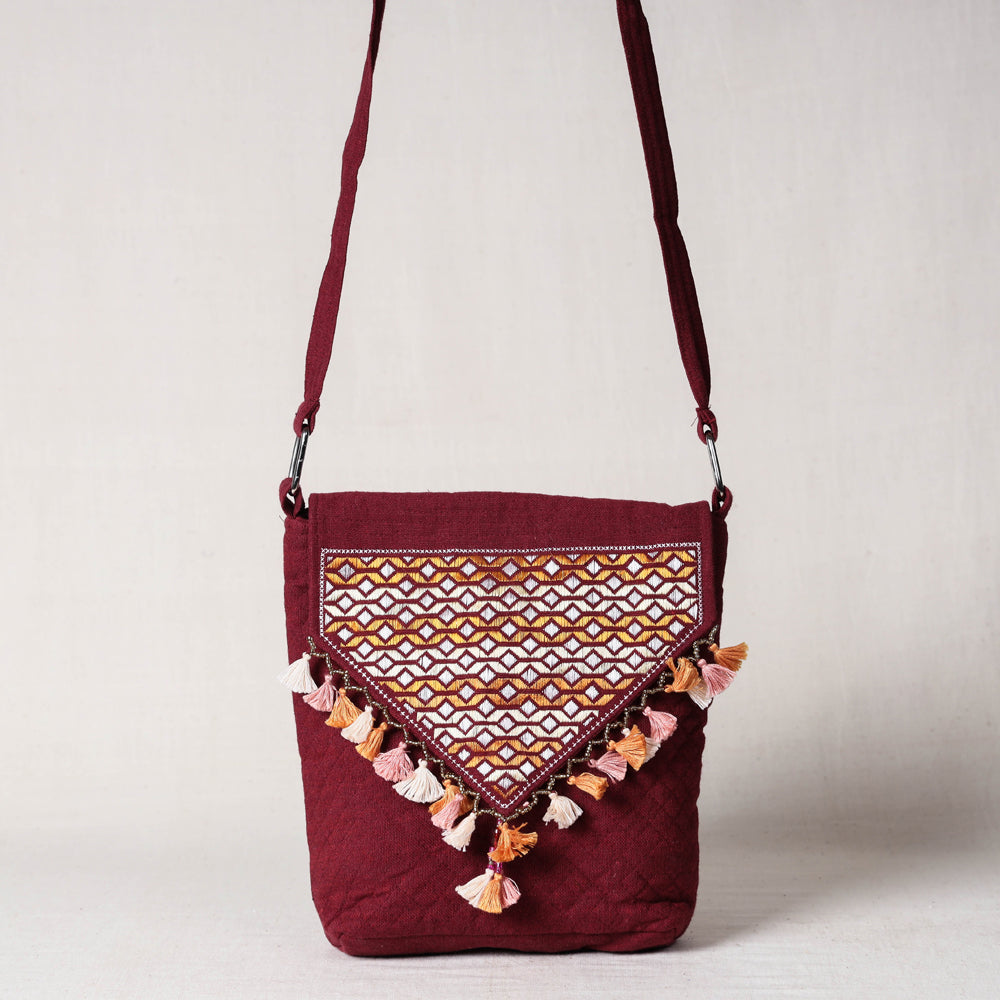 Brown - Soof Stitch Embroidery Pure Handloom Mashru Silk Sling Flap Bag