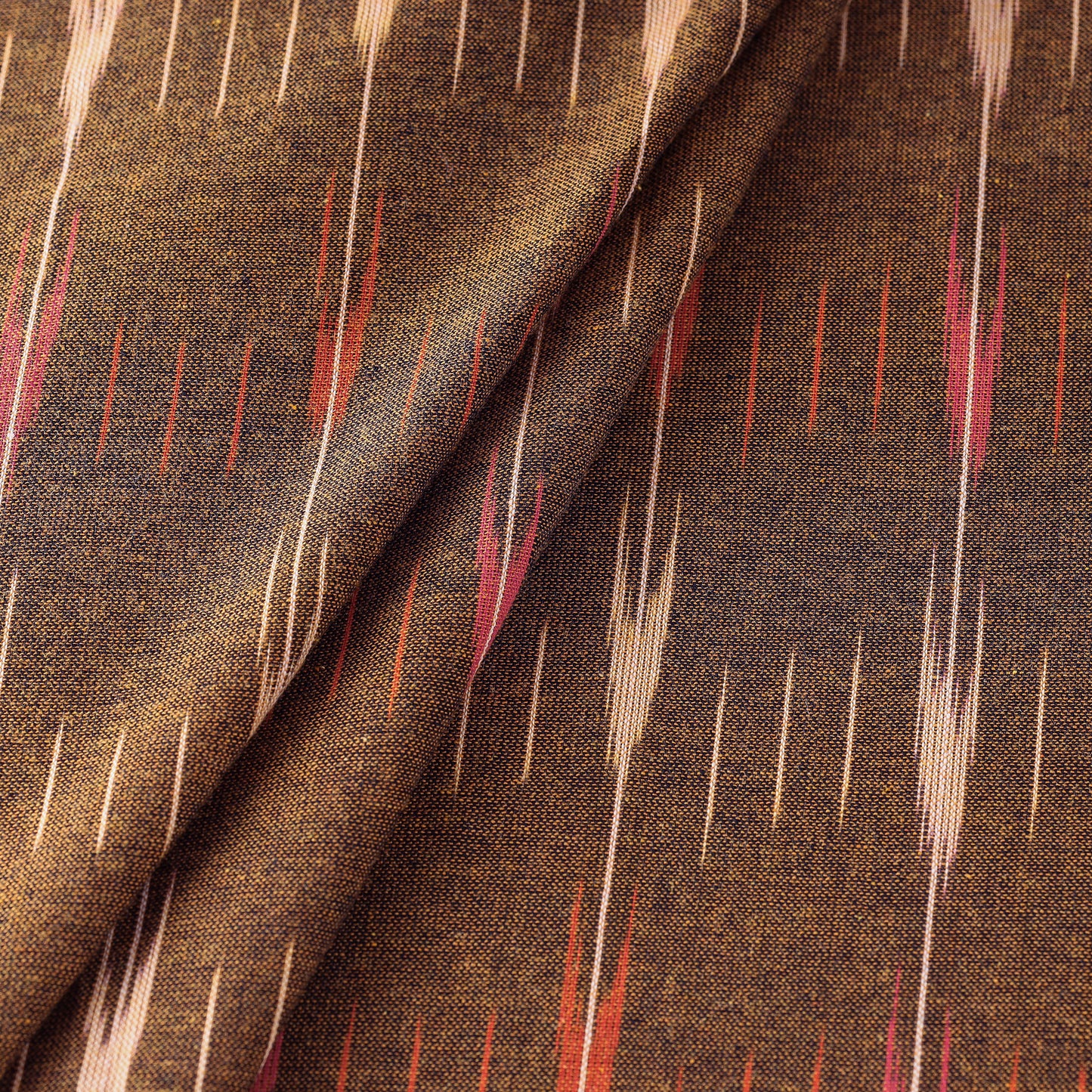 Straight Lines Pattern On Brown Pochampally Ikat Weave Pure Cotton Fabric