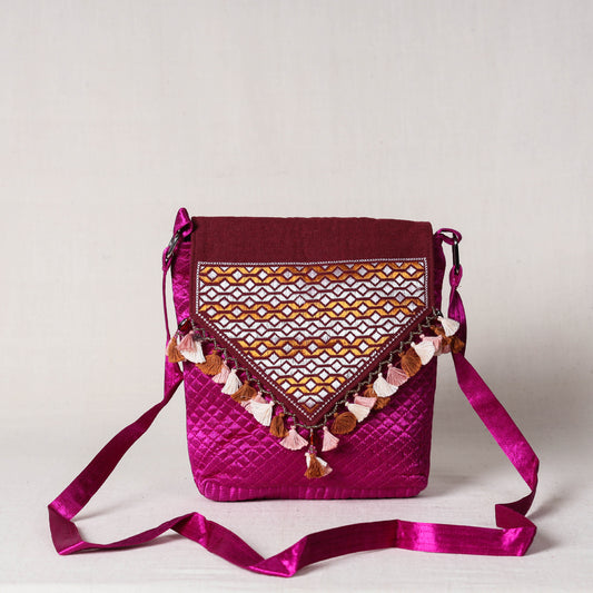 Pink - Soof Stitch Embroidery Pure Handloom Mashru Silk Sling Flap Bag