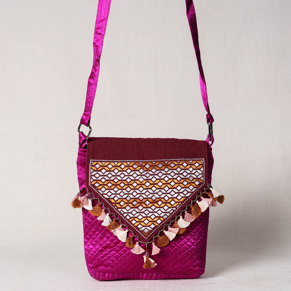 Pink - Soof Stitch Embroidery Pure Handloom Mashru Silk Sling Flap Bag