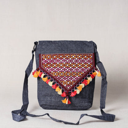 Grey - Soof Stitch Embroidery Pure Handloom Mashru Silk Sling Flap Bag