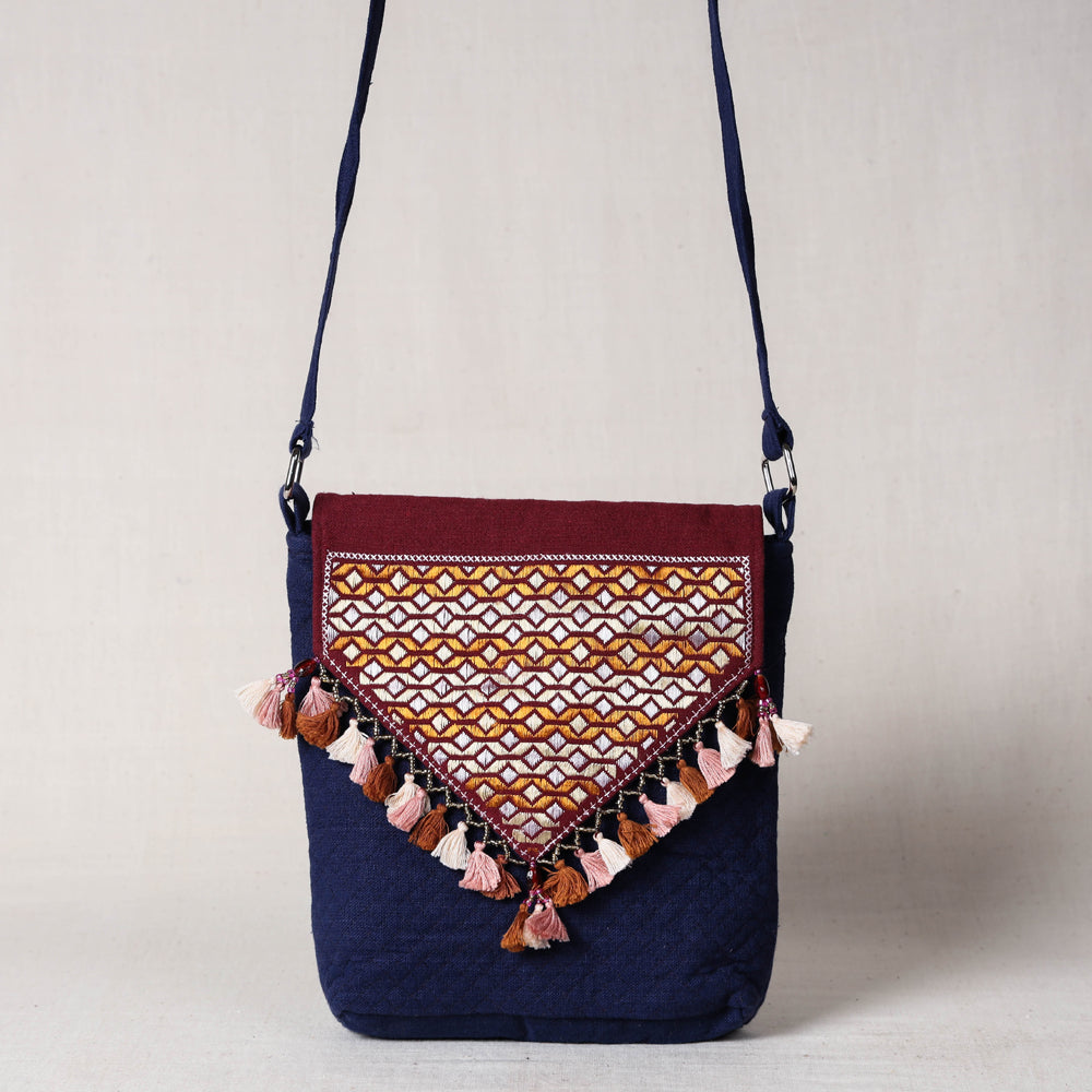 Blue - Soof Stitch Embroidery Pure Handloom Mashru Silk Sling Flap Bag