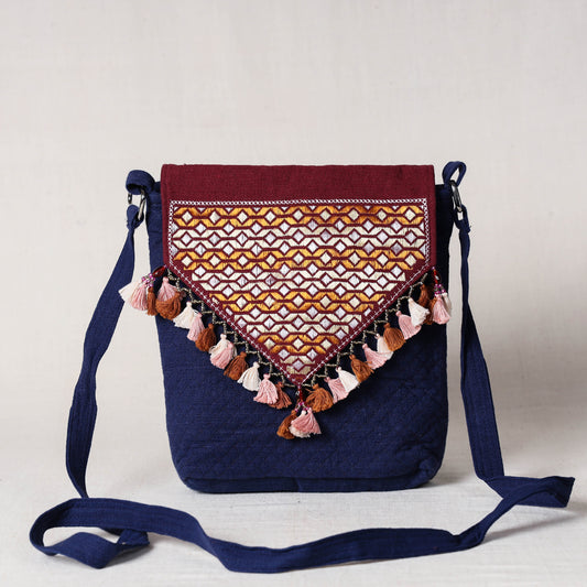 Blue - Soof Stitch Embroidery Pure Handloom Mashru Silk Sling Flap Bag