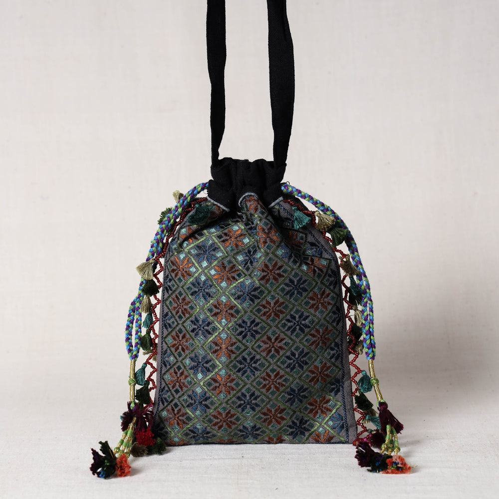 Green - Soof Stitch Embroidery Pure Handloom Cotton Sling Potli Bag