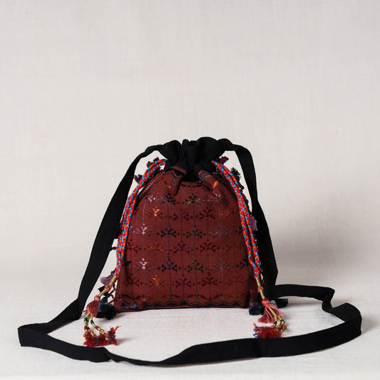 Brown - Soof Stitch Embroidery Pure Handloom Cotton Sling Potli Bag
