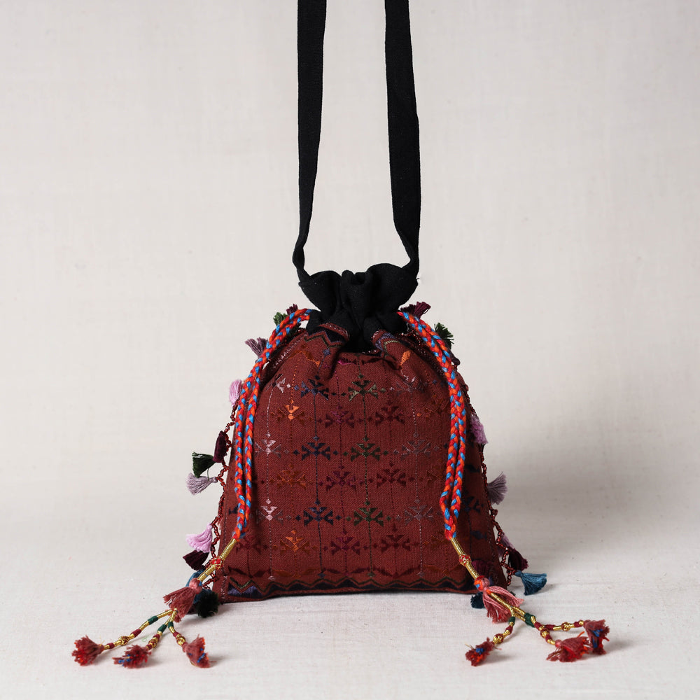 Brown - Soof Stitch Embroidery Pure Handloom Cotton Sling Potli Bag