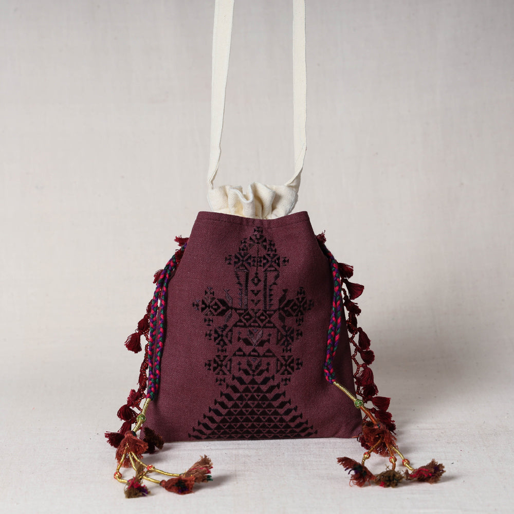 Brown - Soof Stitch Embroidery Pure Handloom Cotton Sling Potli Bag