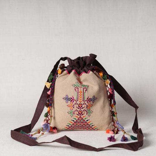 Soof Stitch Embroidery Pure Handloom Cotton Sling Potli Bag