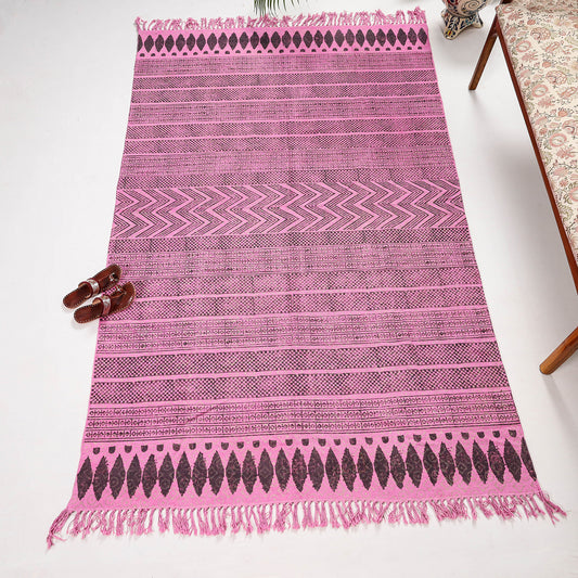 Pink Handwoven Cotton Block Printed Durrie / Carpet / Rug (90 x 60 in)