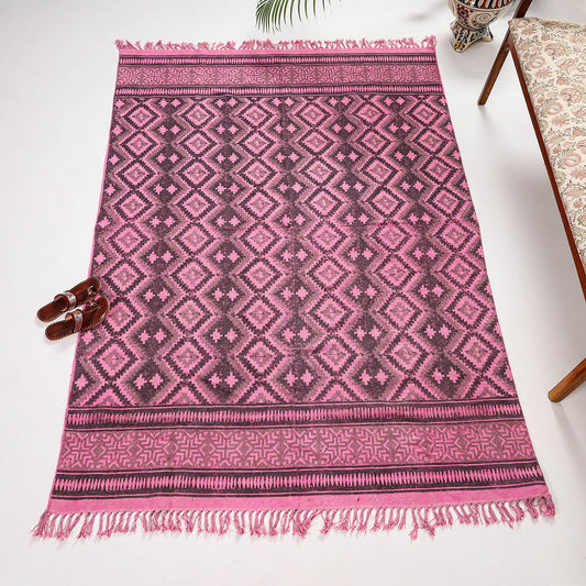 Pink Handwoven Cotton Block Printed Durrie / Carpet / Rug (90 x 60 in)