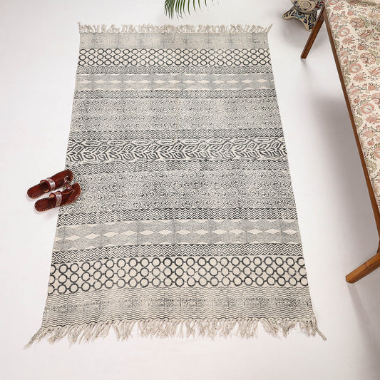 White Handwoven Cotton Block Printed Durrie / Carpet / Rug (71 x 49 in)