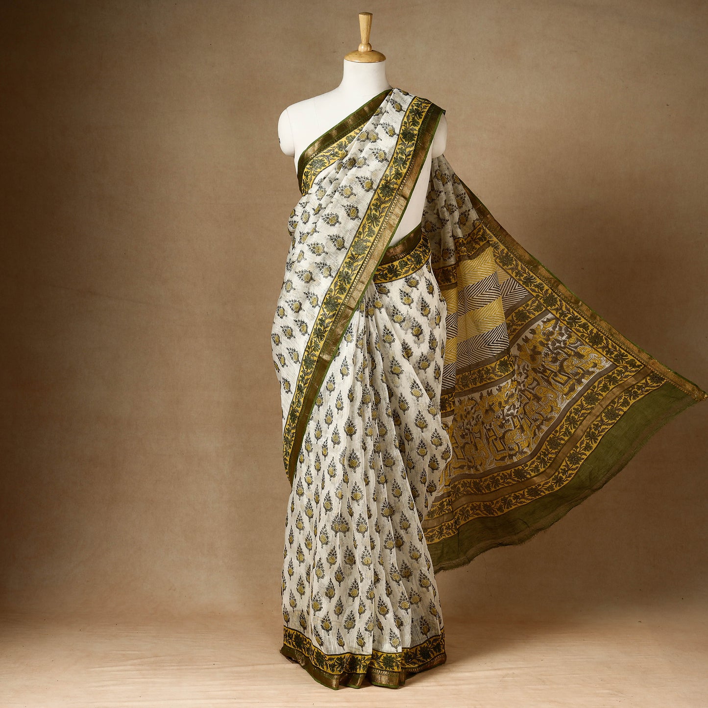 Yellow - Sanganeri Block Printed Chanderi Silk Saree