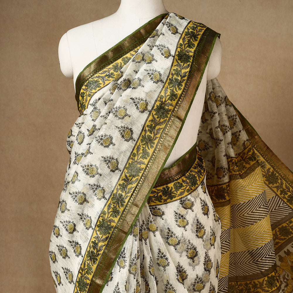 Yellow - Sanganeri Block Printed Chanderi Silk Saree