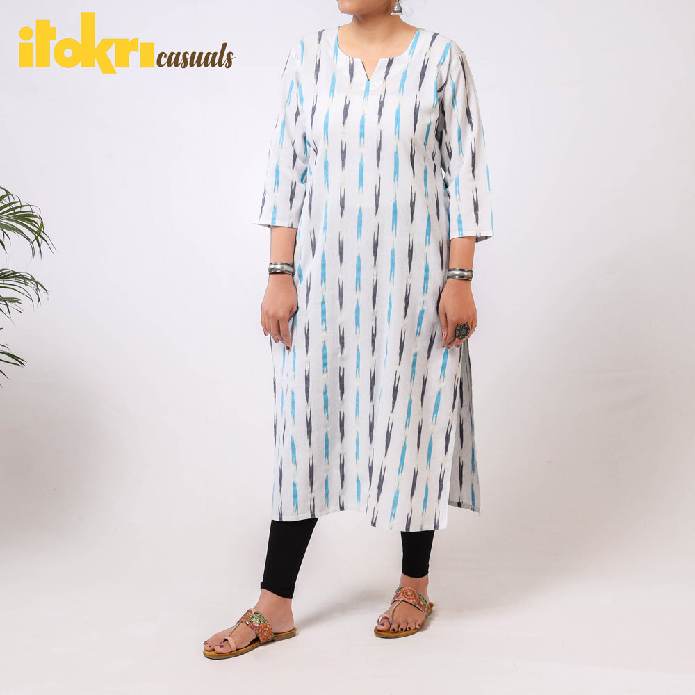 Ikat Weave Cotton Long Kurta for Women